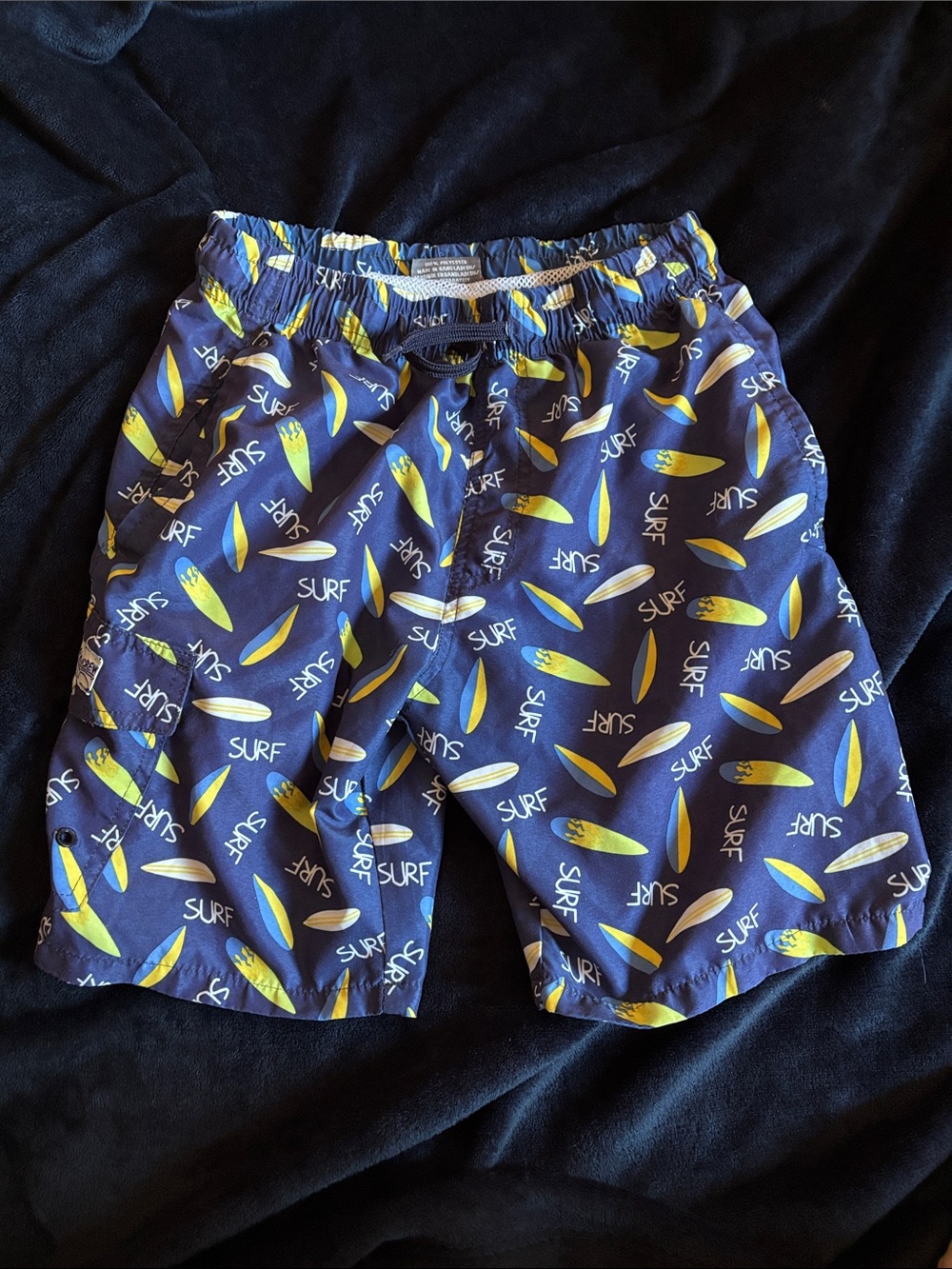 Boys Navy Surfboard Print Swim Trunks - Elastic Waist